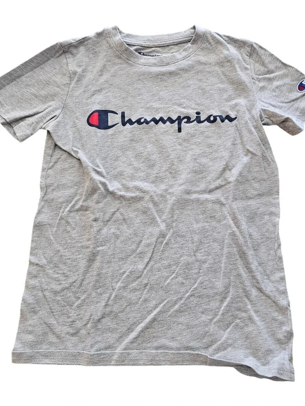 Champion Boys Sz M Short Sleeve Athletic Shirt Gray Spellout